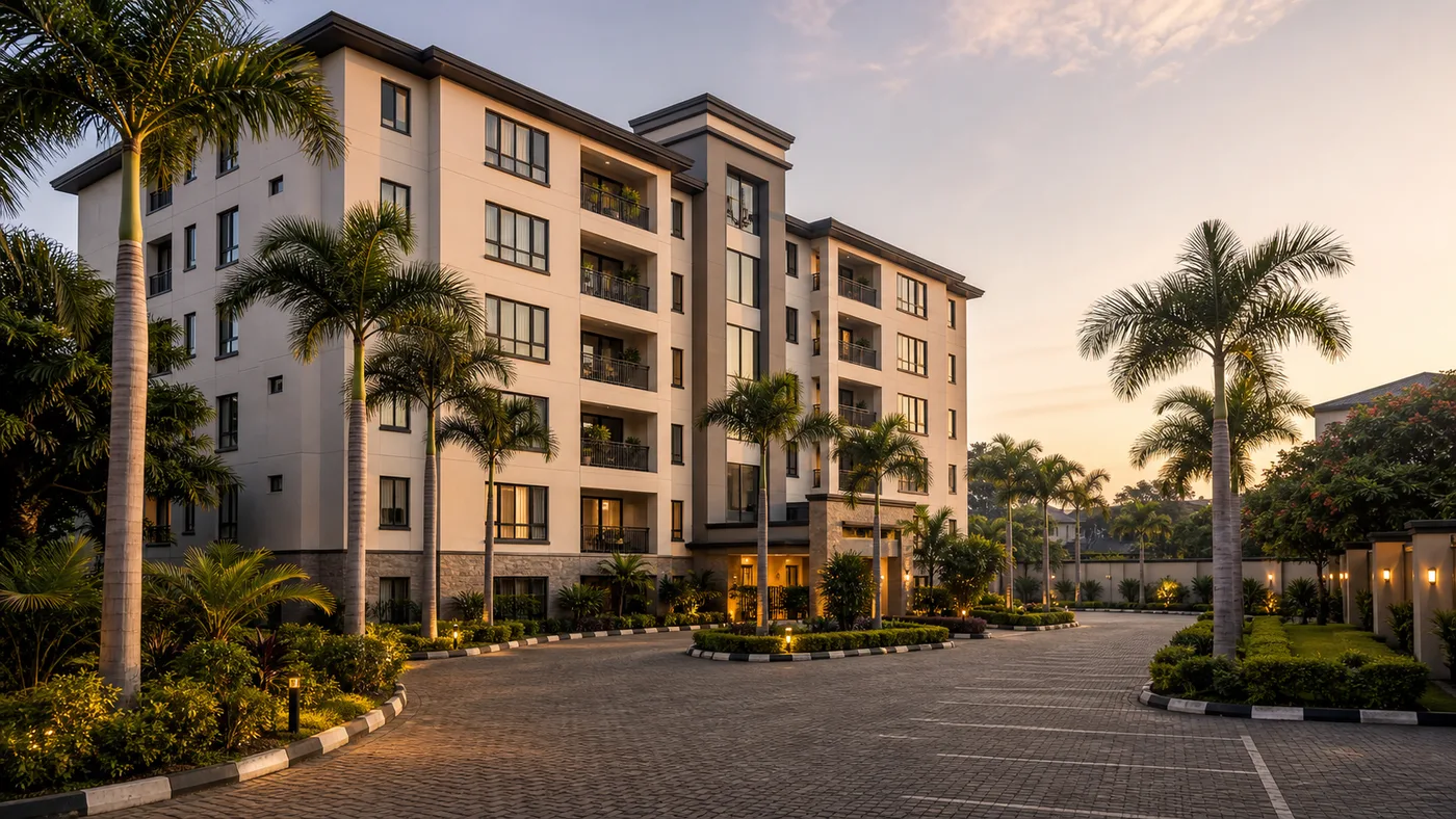 Palm-lined Nigerian apartment estate for landlord and tenant records